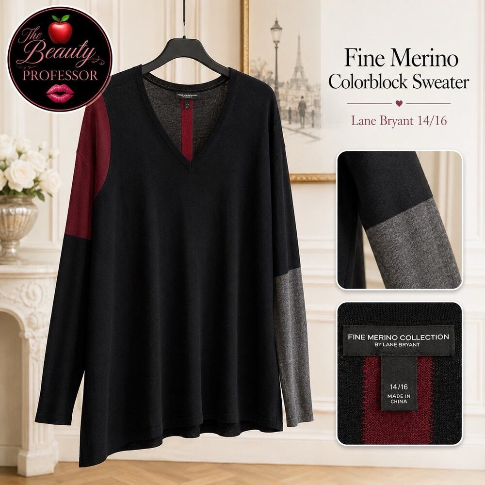 💞Lane Bryant Fine Merino Colorblock Sweater 14/16 Black Red Gray V Neck